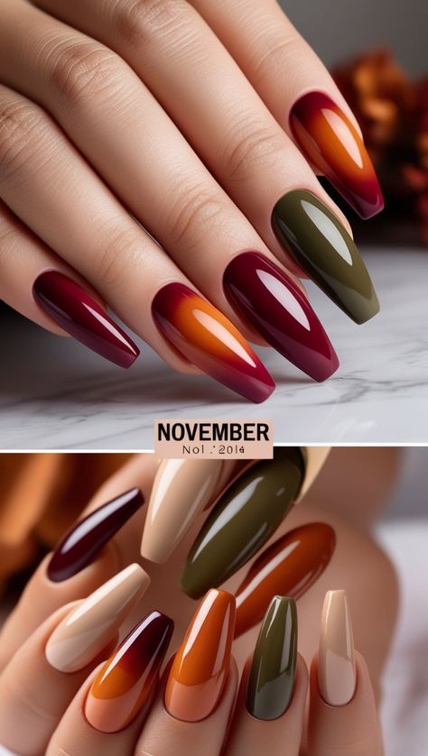 Orange November Nails, Burnt Orange Nails Designs Fall, Burnt Orange Ombre Nails, Fall Ombre Nails Burgundy, Ombre Nails Fall Colors, November Nail Art Fall, Fall Ombre Nails Ideas, Burnt Orange Nails Fall, Autumn Ombre Nails