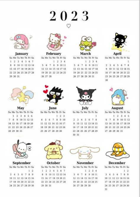 Sanrio Calendar 2023, Hello Kitty Calendar, Organization Bullet Journal, Barbie Printables, Instagram Username Ideas, Hello Kitty Crafts, Cute Calendar, Calendar 2023, Kitty Drawing