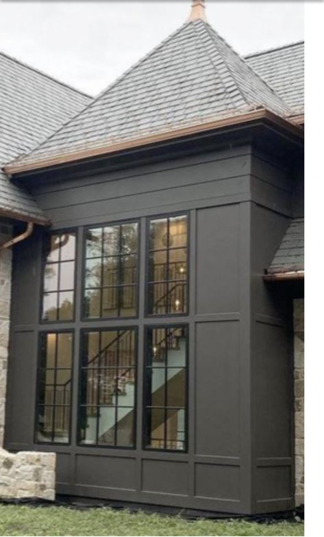 Dark Stucco Exterior House, Stucco And Stone Exterior, Charcoal House, Exterior Stucco, Plaster House, Black Metal Roof, Tan House, Lakehouse Ideas, Gray House Exterior