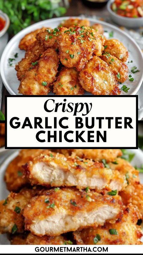 Irresistibly golden and crispy on the outside with tender, juicy chicken inside, this garlic butter chicken is bursting with savory flavor. Perfect for quick dinners, this dish is a guaranteed family favorite! Whip up something special – get the recipe now #GarlicButterChicken #CrispyChicken #EasyDinner #FamilyDinner #WeeknightMeals #ChickenRecipes #DeliciousDinner #QuickRecipes #SavoryChicken #Homecooking Chicken And Lobster Recipes, Tender Chicken Breast Recipes, Best Lobster Tail Recipe, Quick Chicken Breast Recipes, Crispy Chicken Breast, Butter Chicken Recipe Easy, Juicy Baked Chicken, Crispy Chicken Recipes, Unique Dinner Recipes