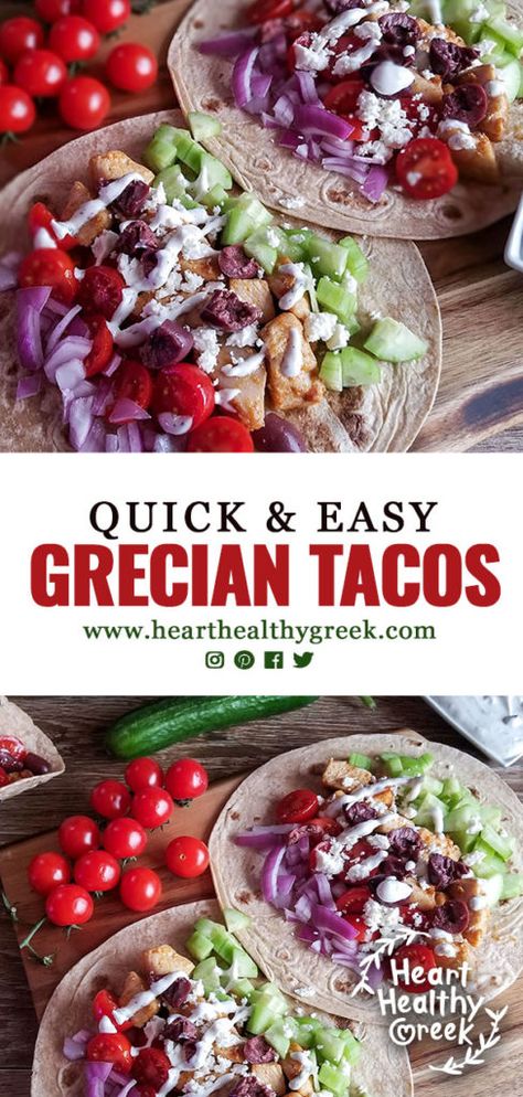 Grecian Tacos - Heart Healthy Greek Mediterranean Tacos, Taco Spices, Healthy Greek Recipes, Chicken Gyro, Mediterranean Cooking, Mediterranean Diet Recipes Dinners, Sweet Potato Nachos, Taco Recipe, Healthy Tacos