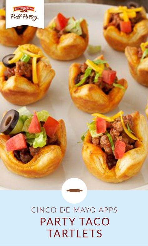 These Party Taco Tartlets are a fiesta in your mouth! Serve up some Cinco de Mayo fun with a little help from Pepperidge Farm® Puff Pastry Sheets. This bite-sized appetizer recipe is packed full of ground beef, cheddar cheese, tomatoes, and olives. Mexican Appetizer, Mini Taco, Pepperidge Farm Puff Pastry, Taco Cups, Tartlets Recipe, Pepperidge Farm, Pastry Sheets, Puff Pastry Recipes, Pastry Recipes