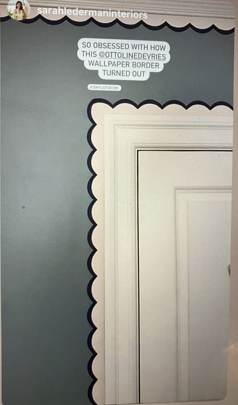 Painted Edge Of Door, Scalloped Wall Paint Nursery, Scalloped Ceiling Paint, Scallop Trim Wood, Scalloped Door Frame, Wall Molding With Wallpaper, Bedroom Wall Decor Ideas, Wall Decor Ideas, Scallop Trim