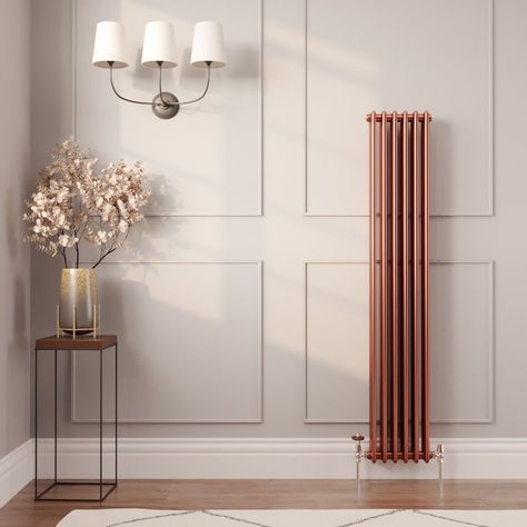 Tall Radiators Living Room, Vertical Radiators Living Room, Gold Radiator, Radiator Ideas, Wall Radiators, Tall Radiators, Hall Storage, Modern Column, Flat Kitchen