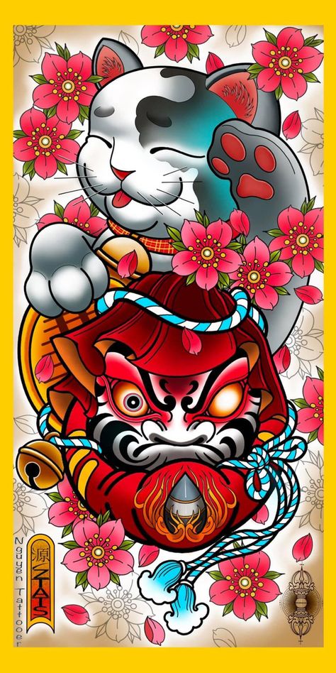 Tato Irezumi, Daruma Doll Tattoo, Lucky Cat Tattoo, Kitty Tattoos, Temple Tattoo, Tattoo Japanese Style, Japanese Flower Tattoo, Tattoo Japanese, Samurai Tattoo Design