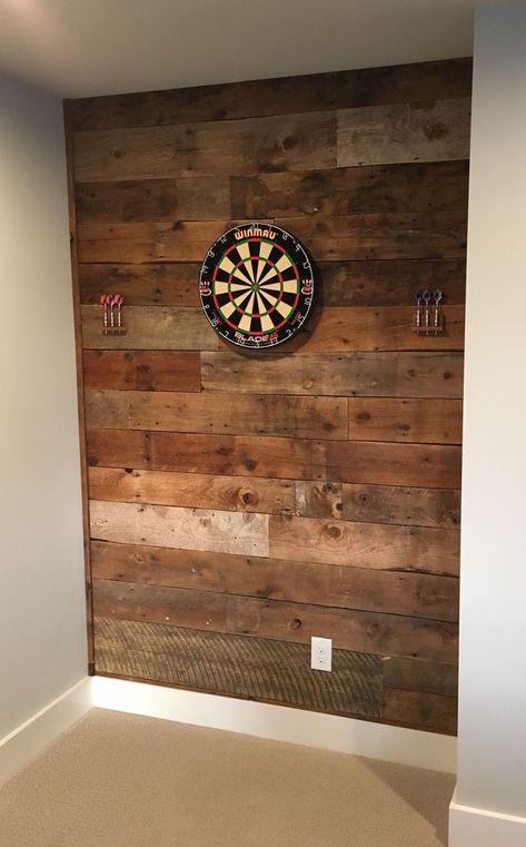 Reclaimed barn wood from Appalachian Wood near Waynesboro, VA. DIY dart board wall. Basement Decoration, Basement Bar Ideas, Pool Table Room, Dream Basement, Fun Room, Man Cave Room, Game Room Basement, Game Room Bar, Man Cave Home Bar