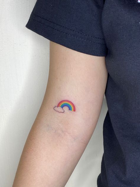 Rainbow With Clouds Tattoo, Mini Rainbow Tattoo, Simple Rainbow Tattoo, Rainbow Flower Tattoo, Rainbow Tattoos Pride, Small Rainbow Tattoo, Tiny Rainbow Tattoo, Rainbow Tattoo Ideas Unique, Cloud Tattoo Design