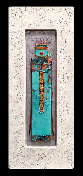 Blue Patina Stone Guardian: Medium Plus by Kara Young (Mixed-Media Wall Sculpture) Sculptured Wall Art, Vicki Grant, Desert Scape, Kara Young, Shadowbox Art, Modern Abstract Art Geometric, Gourd Ideas, Native Artwork, Mixed Media Mosaic