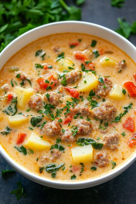 Creamy Parmesan Italian Sausage Soup - An Organized Chaos Creamy Parmesan Toscana Soup, Italian Sausage Soup With Spinach, Italian Parmesan Soup, Pastatinni Soup, Soup With Ground Italian Sausage, Creamy Parmesan Sausage Soup, Creamy Parmasen Italian Sausage Soup, Italian Sausage Vegetable Soup, Italian Sausage Stew