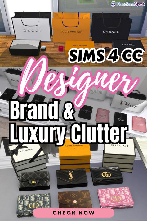 Custom branded designer clutter for your Sim's home & wardrobe! Peep the full CC list for downloads and ideas Sims 44 Cc Clutter, The Sims 4 Cc Designer Furniture, Sims4 Cc Furniture Clutter, Sims 4 Cc Money Clutter, Sims 4 Expensive Clothes, Sims4 Designer Clothes, Sims 4 Bulk Cc, Sims 4 Clothing Decor, Clutter Mods Sims 4