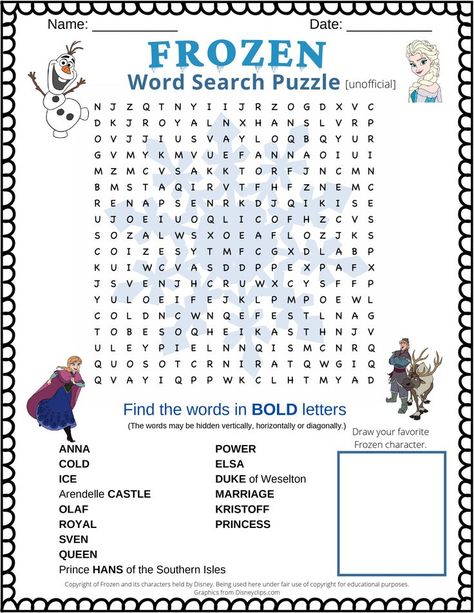 Frozen word search puzzle - featuring 15 words from the Disney movie Frozen (2013). Kids will love this free printable word search. Disney Games For Kids Activities, Disney Word Search Printables, Frozen Activity, Disney Princess Jokes, Disney Word Search, Disney Printables Free, Word Search For Kids, Disney Themed Classroom, Kids Table Wedding