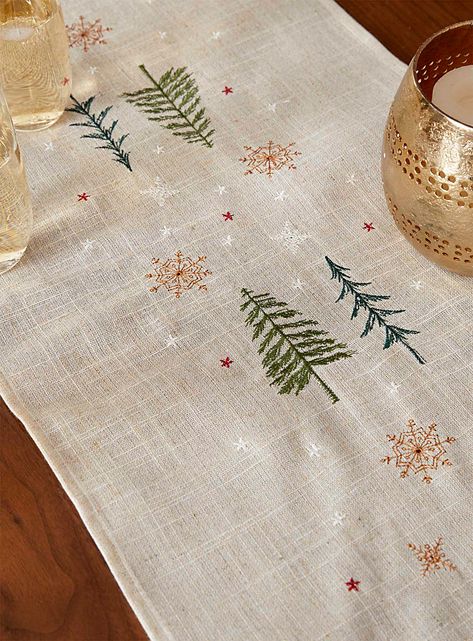 Forest celebration table runner 35 x 180 cm | Simons Maison | Centerpieces & Table Runners | Table Accessories | Simons Table Runner Embroidery, Runner Embroidery, Centerpieces Table, Table Runner Tutorial, Runners Table, Christmas Table Linen, Babies Breath, Christmas Runner, Table Runner Pattern