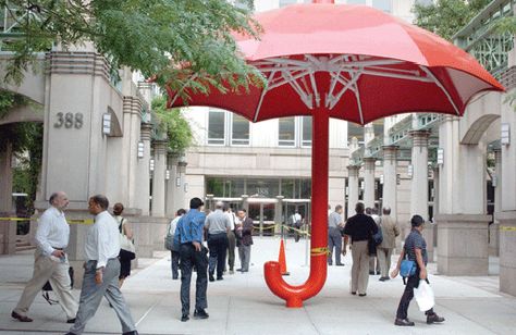 Umbrella Sculpture, Green Roof Garden, Tribeca Nyc, Cute Umbrellas, Umbrella Art, Red Umbrella, Public Sculpture, Street Marketing, Under My Umbrella