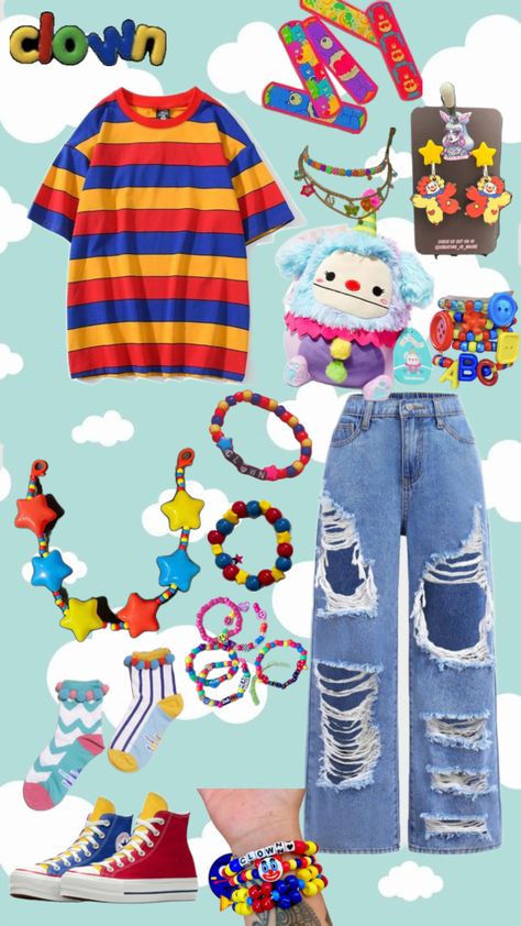 Clowncore :) Colorful Eccentric Outfits, Cute Childish Outfits, Sundrop Inspired Outfit, Outfit Ideas Kidcore, Age Regressing Outfits, Weirdcore Outfits Aesthetic, Weirdcore Outfit Ideas, Childcore Aesthetic Outfit, Clowncore Aesthetic Outfits