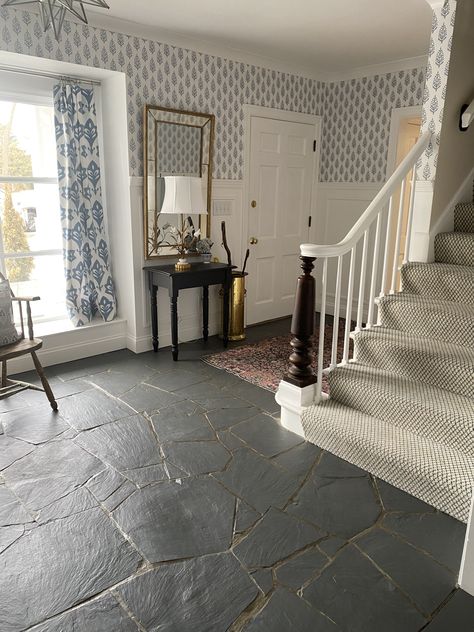 How to Paint an Outdated Slate Floor | Bungalow 47 Painting Stone Floor Tile, Kitchen Black Slate Floor, Slate Tile Foyer, Slate Foyer Entryway, Painted Stone Floor Tiles, Slate Floors Living Room, Slate Porch Floor, Slate Flagstone Floor, Refinish Slate Tile Floor