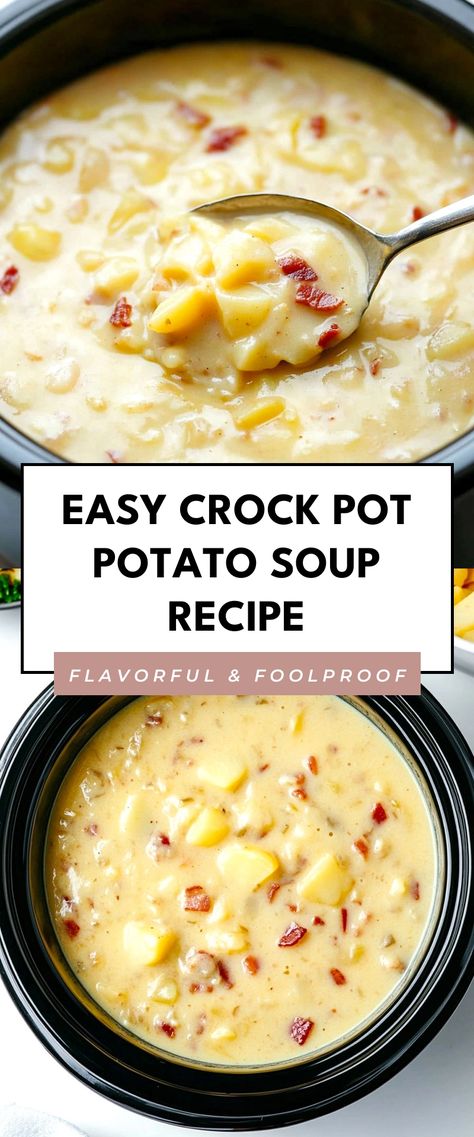 Image for Easy Crock Pot Potato Soup Recipe Easy Crockpot Potato Soup Simple, Crock Pot Meals Soup, Easy Soup Ideas Crockpot, Paula Dean Potatoes Soup Crockpot, Ocharleys Loaded Potato Soup Crock Pot, Grandma's Homemade Potato Soup, Potato Soup In The Crockpot, Tater Tot Potato Soup, Soup Using Pork