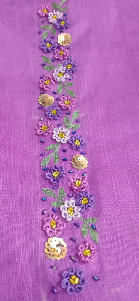 Video link added Hand Embroidery Thread Work, Knot Work Blouse Designs, Embroidery Floss Bracelets Patterns, 3d Work Embroidery Blouse, Floss Bracelets Patterns, Couching Stitch Embroidery, Feather Stitch Embroidery Design, Purple Blouses, Beads Hand Embroidery