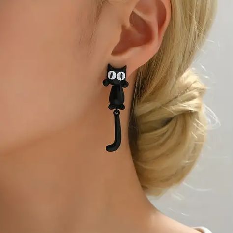 Cartoon Black Cat, Cat Earrings Studs, Cartoon Black, Traje Casual, Estilo Punk, Style Punk, Styl Boho, Enamel Earrings, Cat Earrings