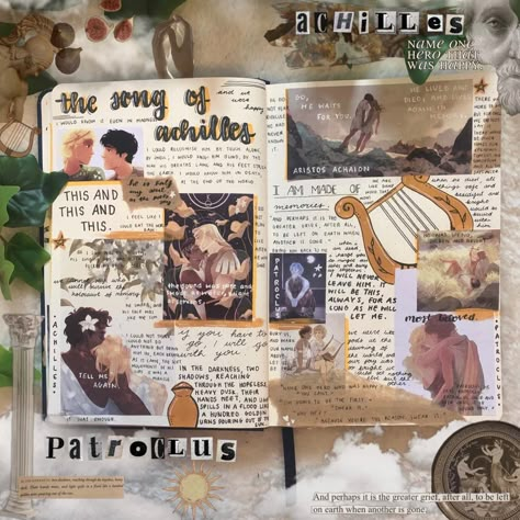 Greek Mythology Scrapbook Ideas, Book Journal Collage, Greek Mythology Journal, Reading Journal Aesthetic, Book Review Journal, Book Presentation, Book Reading Journal, Bullet Journal Cover Ideas, Art Journal Therapy