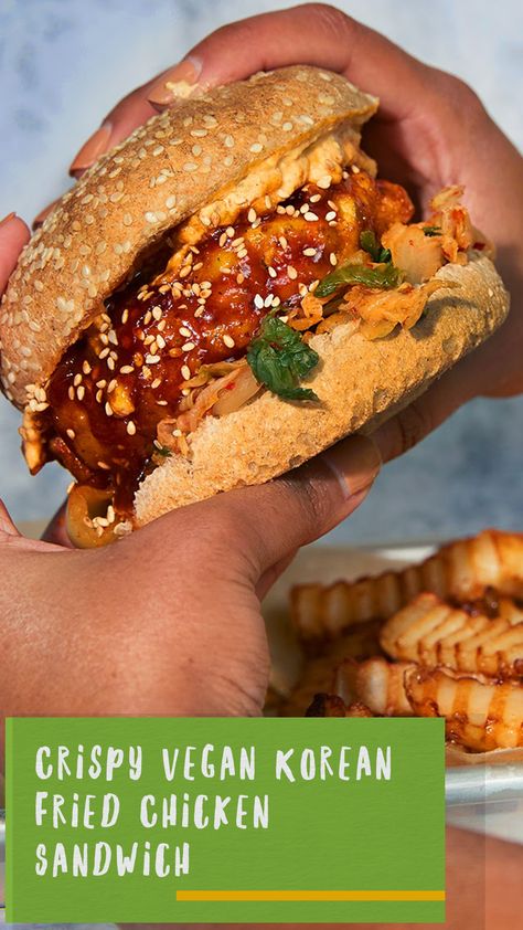 Tofu Sandwich Recipes, Tofu Chicken Sandwich, Vegan Chicken Burger, Fried Tofu Sandwich, Crispy Tofu Sandwich, Vegan Korean Recipes, Korean Fried Chicken Sandwich, Tofu Fried Chicken Sandwich, Vegan Chicken Sandwich