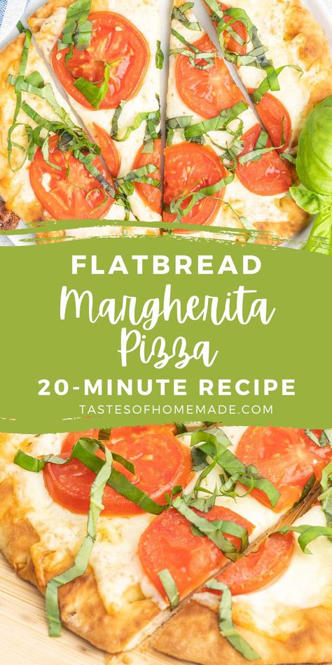 This Margherita pizza on a crispy flatbread is a quick and easy meal ready in about 15 minutes.  With tomatoes, mozzarella, and fresh basil leaves, this simple pizza with its classic flavors is delicious as a quick lunch, dinner, or snack. Margarita Flatbread Pizza, Buffalo Chicken Flatbread Pizza, Pizza With Tomatoes, Margherita Flatbread Pizza, Chicken Flatbread Pizza, Crispy Flatbread, Tomato Mozzarella Basil, Simple Pizza, Basil Pizza