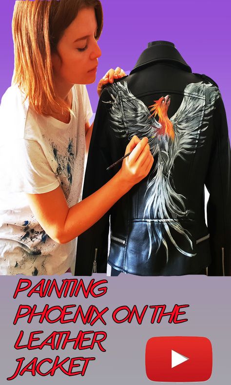 Watch me create handpainted leather jacket with Phoenix design Clothes Videos, Painting On Fabric, Painting On Clothes, Phoenix Design, Art Process, Hand Painted Leather, Painted Clothes, Painting Leather, Process Art