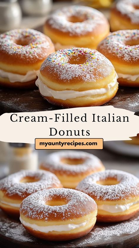 Experience the bliss of homemade Italian donuts filled with luscious cream. These fluffy, pillowy treats are perfect for any occasion, making them a delightful dessert that will leave everyone wanting more. Indulge in a taste of Italy with every bite! Italy Desserts Italian Pastries, Italian Bakery Aesthetic, Italian Macaroons, Italian Donuts Recipe, Donut Sticks, Authentic Italian Desserts, Desserts Italian, Italian Donuts, European Pastries