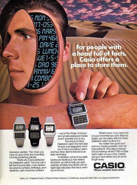 "For people with a head full of facts, Casio offers a place to store them", Casio Databank Watch, 1974 Casio Piano, 80s Watch, Casio Databank, Casio Illuminator, Watch Poster, Casio Vintage Watch, Watch Ads, Casio Watches, Casio Vintage