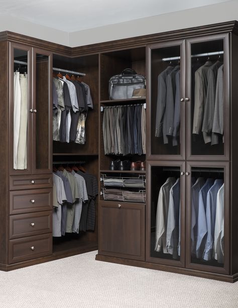 Walk-In Closet with Glass Inserts in Chocolate Pear Premier Men Walk In Closet, Men Closet Ideas, Closets Luxury, Small Walk In Closet Design, Bathroom Closet Storage, Small Walk In Closet, Closets Design, Closet Planning, Closet Cabinet