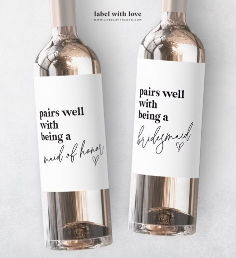 You said yes an now it's your turn to pop the question! Our custom wine and champagne labels are the perfect way to "propose" to your future bridesmaids, maid and matrons of honors, and other special people you want to be part of your wedding day. The more you buy, the more you save! ♥  LABEL DESIGN pairs well with being a  (ROLE) [BOTTLES NOT INCLUDED] ♥  LABEL SIZES Available in (3) Different Sizes: * Large Wine - 5" Tall x 4" Wide * Small Wine - 4" Tall x 3.5" Wide * Large Champagne - 3" Tall Maid Of Honor Wine Bottle Label, Pairs Well With Bridesmaid Duties, Bridesmaid Proposal Champagne Label, Bridesmaid Wine Proposal, Funny Ways To Ask Bridesmaids, Pairs Well With Being A Bridesmaid, Bridesmaid Proposal Cheap Diy, Bride Made Proposal, Bridesmaid Proposal Alcohol