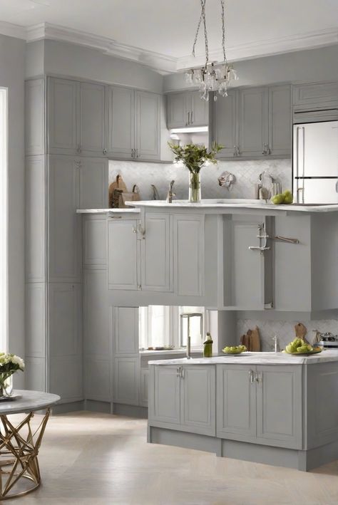 kitchen interior design,home designer paint,wall paint color,interior painting ideas Sw Light French Gray, Light French Gray, Trendy Kitchen Decor, Light Oak Floors, Gray Painted Walls, Light Colored Furniture, Kitchen 2024, French Gray, Green Kitchen Cabinets