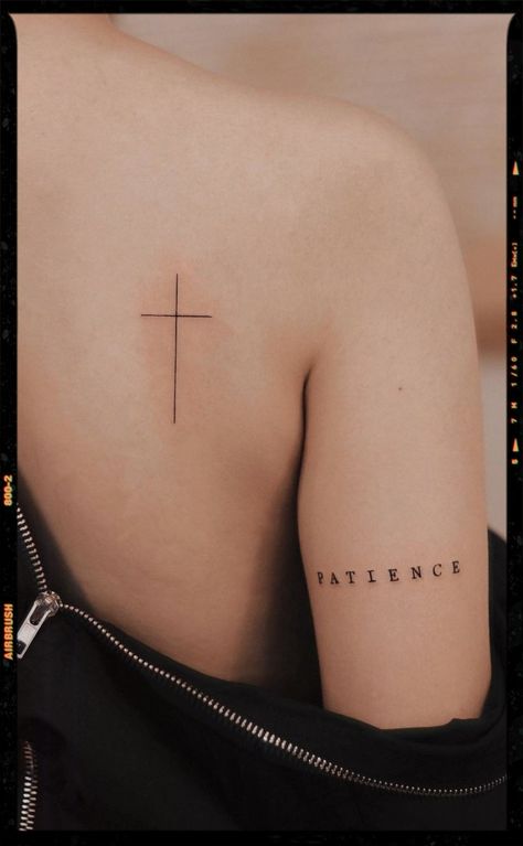 Letter tattoo inspiration - Cross tattoo inspiration Cross On Neck Tattoo For Women, Cross Bicep Tattoo For Women, Cross Equals Love Tattoo, Woman Cross Tattoo, Cross Line Tattoo, Spine Cross Tattoos For Women, Spine Cross Tattoo, Simple Letter Tattoo, Back Cross Tattoo Women