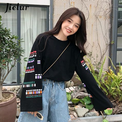 Jielur Korean Loose Vintage Sleeve T shirts for Women Harajuku Simple O neck Female T shirt Fashion Black White Autumn Tops Girl-in T-Shirts from Women's Clothing & Accessories on Aliexpress.com | Alibaba Group Tshirt Outfit Korean Style, Oversized Tshirt Korean Style, Oversized Tshirt Outfit Korean, Black Oversized Tshirt Outfit Korean, Cheap Black Harajuku T-shirt, Chinese Fashion Street, Korean Casual Outfits, Autumn T Shirts, Tshirt Outfits