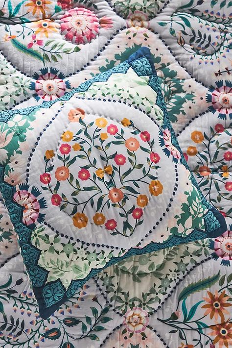 Up To 30% Off Mother's Day Gifts | Anthropologie Anthropologie Bedding, Hand Stitched Quilt, Candles For Sale, Quilted Sham, Floral Quilt, Kantha Stitch, Printed Quilt, Quilt Bedding, Bedding Shop