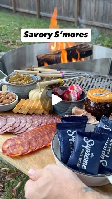 Sweet And Savory Smores, Camping For Christmas, Fireside Savory S’mores, Charcuterie Smores Board, Campfire Charcuterie Board, Brie Smores, Savory Smores Ideas, Savory Smores Campfire, Savoury Smores