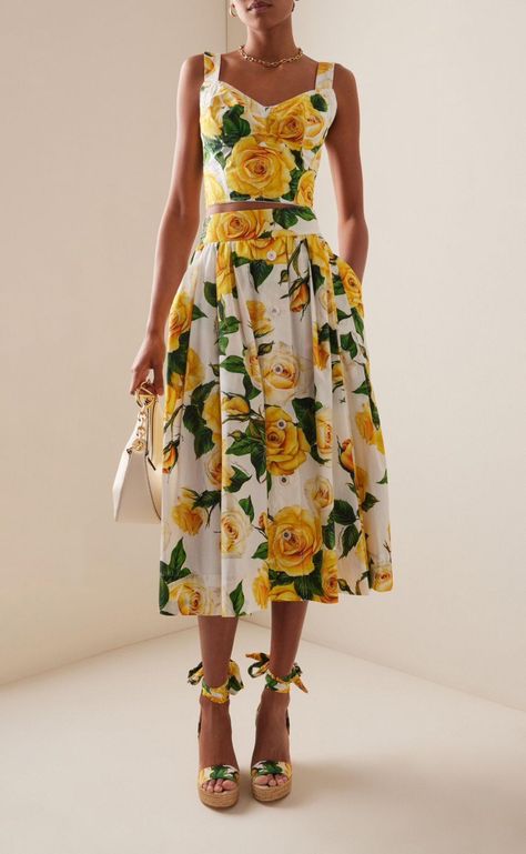 Lemon Print Dress, Full Midi Skirt, Cotton Midi Skirt, My Fair Lady, Lemon Dress, Sleeveless Crop Top, Bustier Top, Matching Top, Retro Inspired