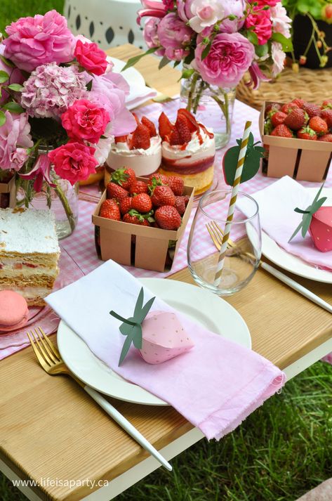 Sweet Strawberry Theme Party: DIY strawberry party decorations made with Cricut, picnic tablescape, and strawberry dessert menu. Berries Themed Party, Strawberry Picking Birthday Party, Strawberry One Birthday Party, Strawberry Farm Party, Strawberry Birthday Table Decorations, Strawberry Picnic Party, Strawberry Theme Party Decorations, Strawberry Party Aesthetic, Strawberry Table Decor