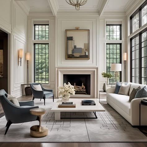 Transitional French Living Room, Clasic Contemporan Living Room, Very Tall Ceiling Living Room, Formal Interior Design, Fireplaces With High Ceilings, Great Room High Ceilings Interior Design, French Transitional Living Room, Traditional Style Home Interior, Two Story Great Room Decor