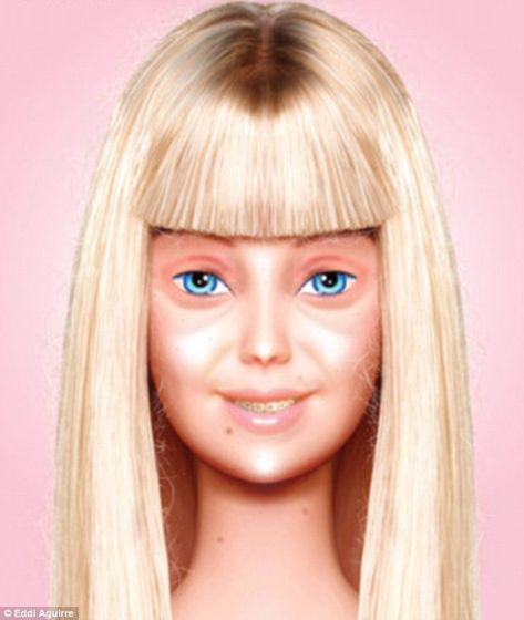 Barbie without make-up: A digitally altered photo, posted by graphic designer Eddi Aguirre, shows the famous blonde doll with freckles, under-eye circles, frizzy hair, oily skin, and braces. Barbie Humor, Humor Barbie, Chelsea Houska, Barbie Funny, Bad Barbie, Barbie Makeup, Bare Face, Beauty Standards, Frizzy Hair