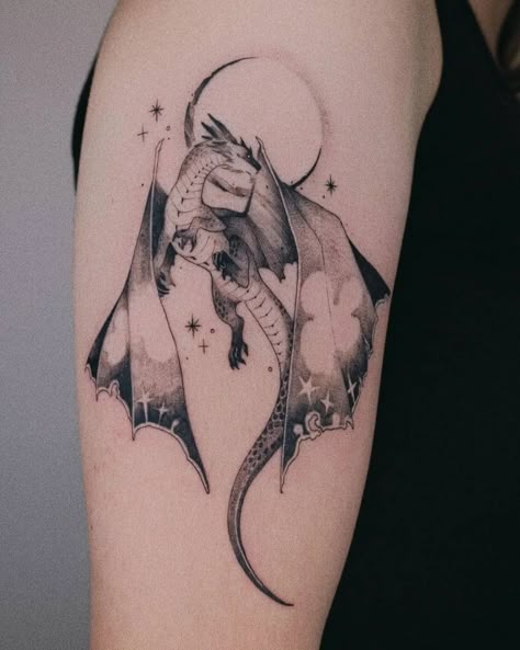 Dragon Music Tattoo, Will Of The Wisp Tattoo, Dragon Inner Bicep Tattoo, Wyvern Tattoo For Women, Forest Dragon Tattoo, Wood Dragon Tattoo, Iron Flame Tattoo, Celestial Dragon Tattoo, Moon And Dragon Tattoo