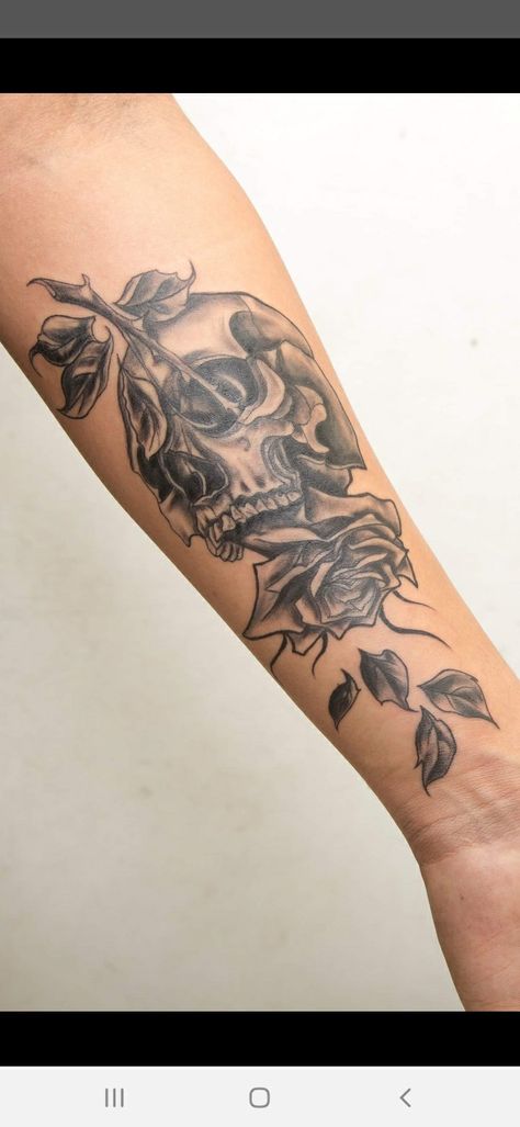 Skull And Roses Forearm Tattoo, Aesthetic Forarm Tattoos, Male Rose Tattoo Sleeve, Different Rose Tattoo Styles, Inner Forearm Tattoo Sleeve, Forearm Skull Tattoo Women, Skull Forearm Tattoos For Women, Forearm Tattoo Men Flowers, Cool Tats Creative Forearm