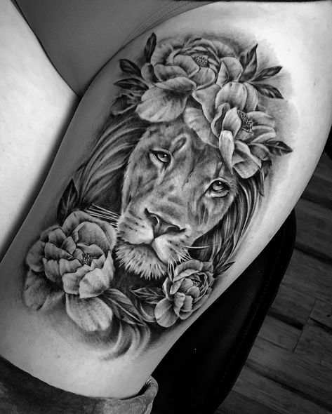 Lion And Magnolia Tattoo, Magnolia Tattoo, Roman Numeral Tattoos, Floral Tattoo Sleeve, Peonies Tattoo, Dainty Tattoos, Art Tattoos, Lion Tattoo, Minimal Tattoo