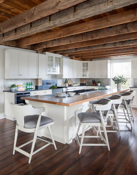 Brick Waterfront — Christina Kim Interior Design Exposed Beams In Kitchen, Beam In Kitchen, Exposed Ceiling Beams, New Jersey Homes, Post And Beam House, Exposed Wood Ceilings, Calm Coastal, Beam House, Exposed Ceiling