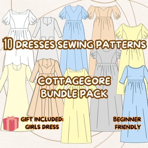 Cottagecore Dress Sewing Pattern Bundle - 10 Dress Patterns + Girls Dress Bonus | Beginner Friendly Create your own charming cottagecore wardrobe with this 10-dress sewing pattern bundle! Featuring a variety of romantic, vintage-inspired designs, this collection offers versatile and elegant options perfect for any season. The bundle includes: 10 unique cottagecore dress patterns Seam allowances included Bonus gift: Girls' dress pattern Formats: US Letter, A0 (with optional A4 and DXF available u Etsy Dress Patterns, Flowy Dress Sewing Pattern, House Dress Sewing Pattern, Plus Size Dress Sewing Patterns, Cottage Core Dress Pattern, Beginner Dress Pattern, Cottagecore Dress Pattern, Cottagecore Wardrobe, Cottagecore Crafts