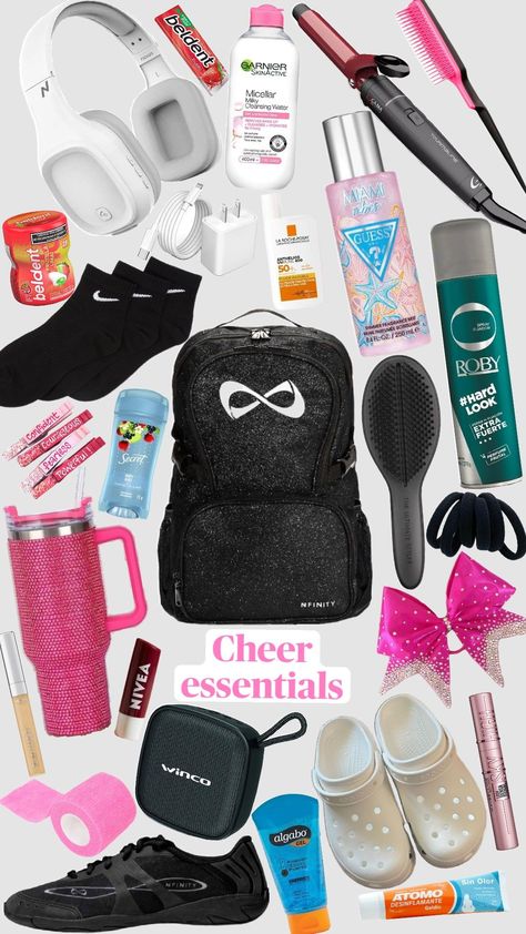 Cheerleading bag essentials 🤍✨️ #Cheerleading #Cheerbag #Cheerbagessentials #Cheerpractice #Cheercomp Nfinity Cheer, Cheer Games, Cheerleading Bags, Cheer Backpack, School Emergency Kit, Cheer Routines, Lilly Pulitzer Outfits, Cheer Bag, Cheer Practice