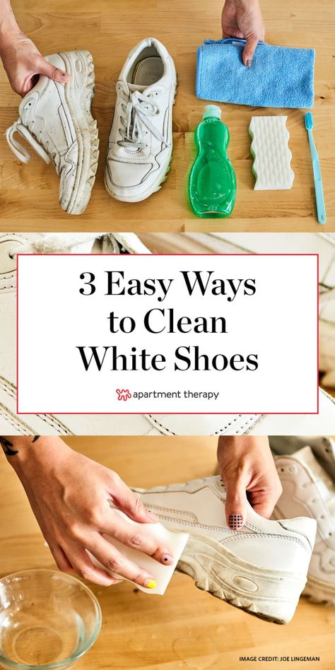 Nothing upgrades an outfit like a fresh pair of white sneakers. But before you drop a chunk of your paycheck on a new pair of shoes, do yourself (and your bank account) a favor and try this easy technique to clean white shoes. #whiteshoes #whitesneakers #cleansneakers #howtocleanwhitesneakers #howtocleansneakers #cleaningtips #cleaninghacks #laundryhacks Shoe Cleaner Diy, Clean White Leather Shoes, How To Whiten Shoes, Clean Tennis Shoes, Clean White Shoes, How To Clean White Sneakers, Cleaning Sneakers, White Leather Tennis Shoes, White Shoe Cleaner