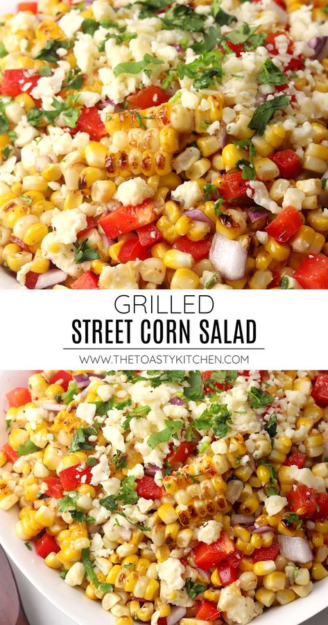 Grilled street corn salad is the ultimate summer side dish. Corn on the cob is grilled and tossed in a tangy tajin dressing along with peppers, cotija cheese, and cilantro. It's the perfect addition to your next grilling day or summer party. Grilled Corn Salad Recipes, Grilled Street Corn, Rv Snacks, Mexican Street Corn Salad Recipe, Salad Board, Mexican Grilled Chicken, Tajin Recipes, Roasted Corn Salad, Grain Salads