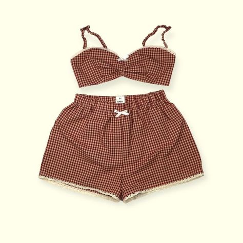 Ruthie Rust Set Gingham boxers and matching... - Depop Vintage Sets Clothes, Sewn Clothes Aesthetic, Sleeping Wear For Women, 70s Outfits Shorts, Summer Boxer Shorts, Diy Pajama Set, Boxer Outfit Female, Boxer Short Outfits, Boxers Outfit Female