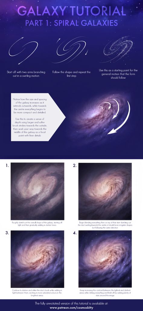 Galaxy Tutorial Part 1: Spiral Galaxies (Preview Version) | CosmosKitty on Patreon Galaxy Reference, Glaxay Drawing, Drawing Space Galaxies, How To Paint A Nebula, Galaxy Procreate Tutorial, How To Draw Space Galaxies, How To Draw Space Digital, Galaxy Pencil Drawing, Gaxaly Painting