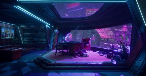 Cyberpunk Office, Ibrahim Wahab on ArtStation at https://www.artstation.com/artwork/dOkYd1 Cyberpunk Office, Cyberpunk Apartment, Cyberpunk Interior, Cyberpunk Room, Futuristic Interior Design, Cyberpunk Rpg, Basement Inspiration, Digital Painting Portrait, Futuristic Interior